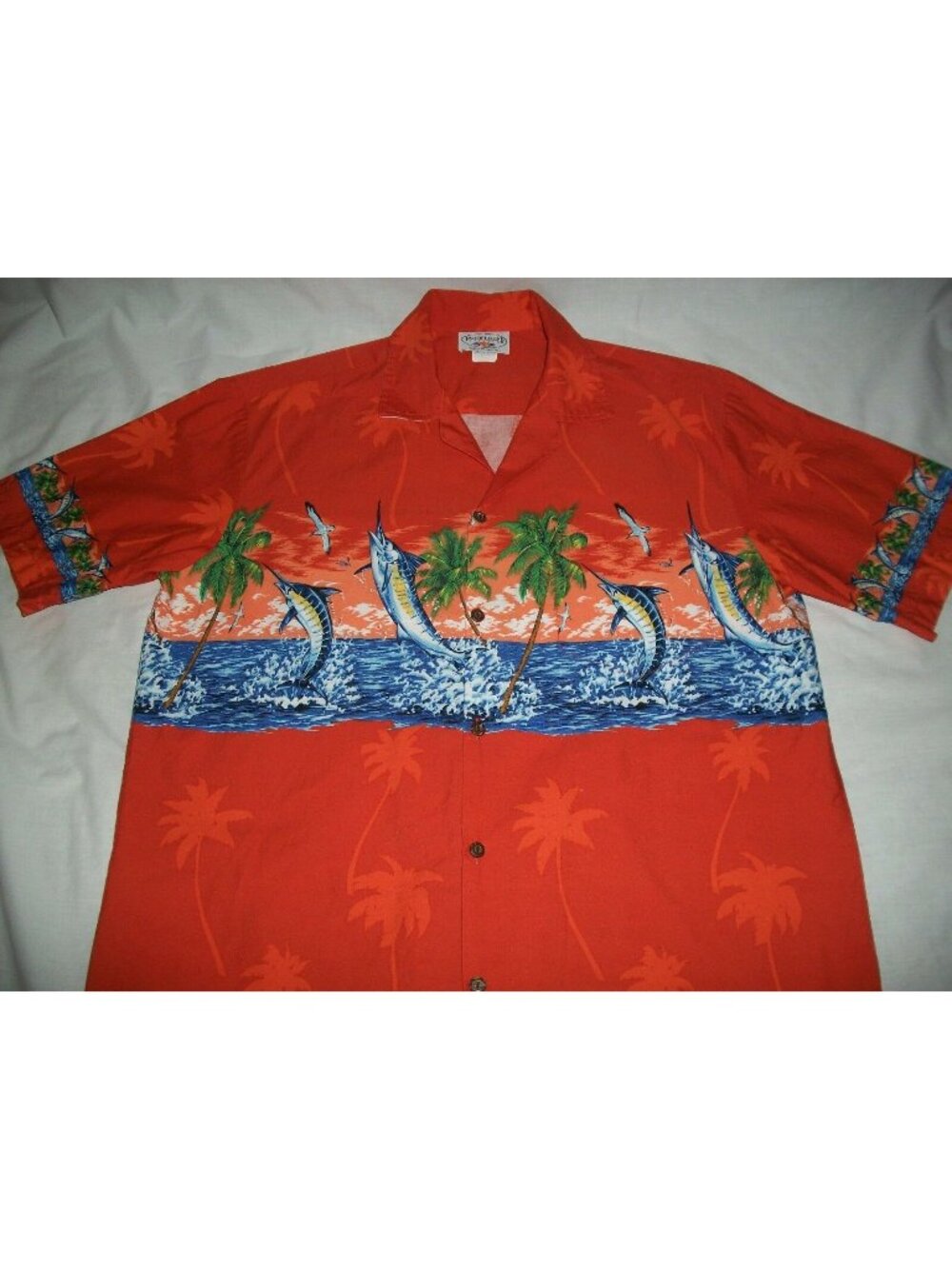Pacific Legend Sword Fish Men's Hawaiian Aloha Button Camp Shirt Large Orange